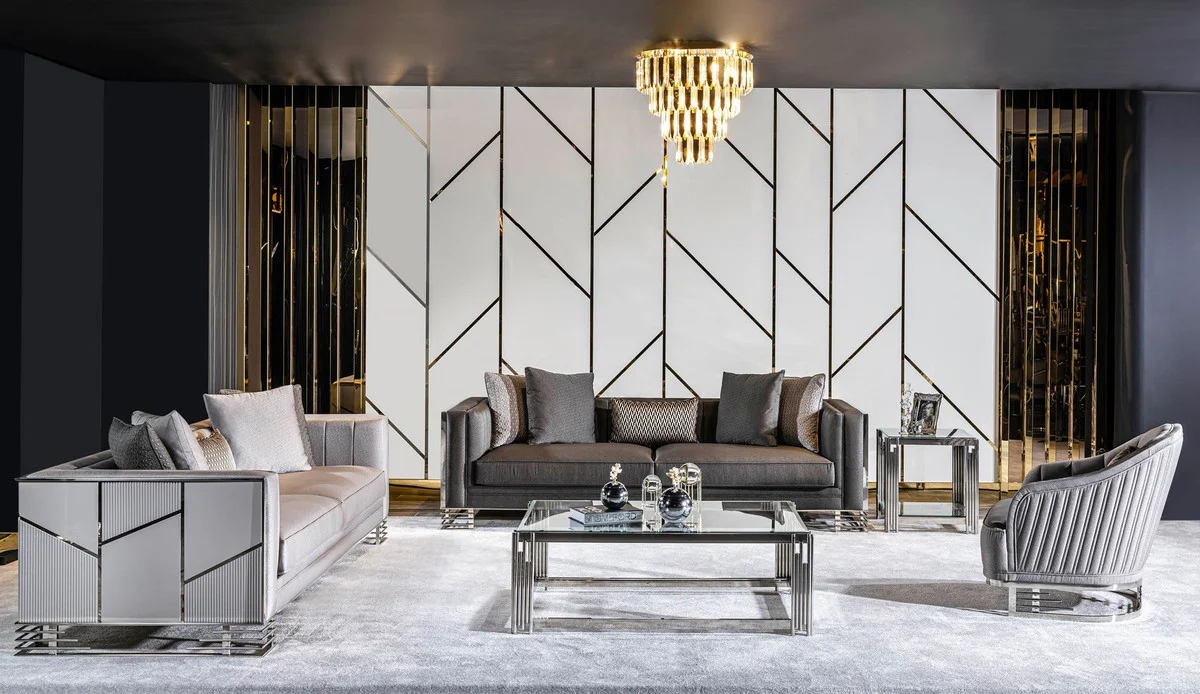 Luxus Beistelltisch Silber 50 x 50 x H. 58 cm - Quadratischer Tisch mit Glasplatte - Wohnzimmer Möbel - Luxus Möbel - Luxus Einrichtung - Wohnzimmer Einrichtung