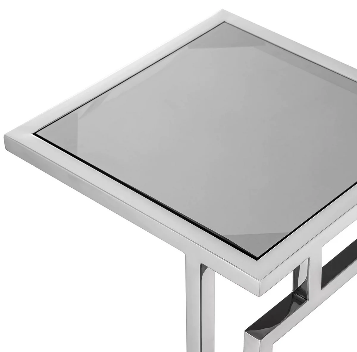 Luxus Beistelltisch Silber / Grau 33 x 33 x H. 60 cm - Edelstahl Tisch mit Glasplatte - Wohnzimmer Möbel - Luxus Möbel - Luxus Einrichtung - Luxus Interior