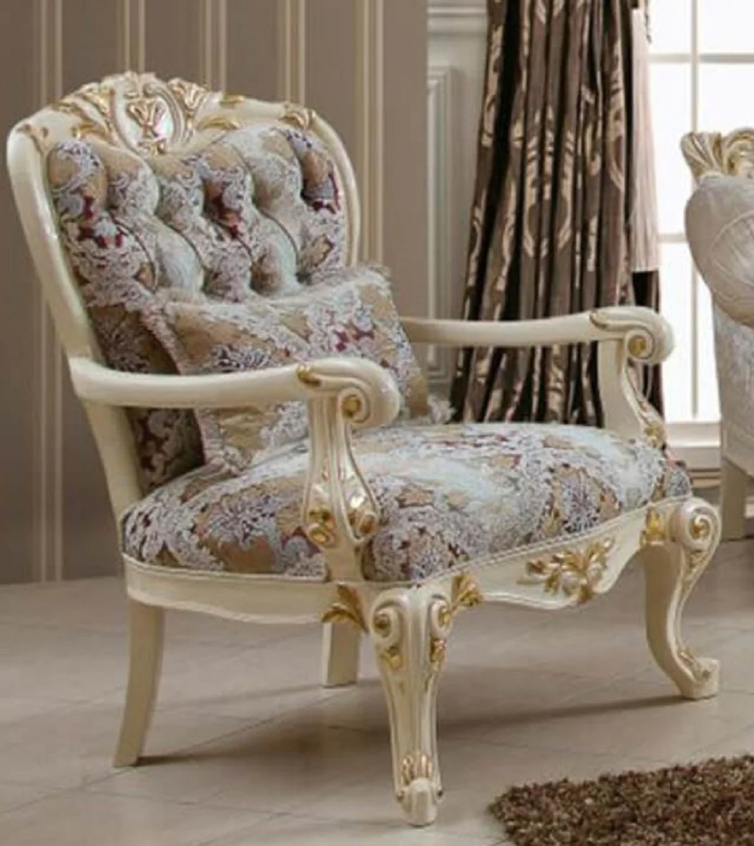 Luxus Barock Wohnzimmer Set Weiß / Braun / Mehrfarbig / Creme / Gold - 2 Barock Sofas & 2 Barock Sessel & 1 Barock Couchtisch - Luxus Wohnzimmer Möbel im Barockstil - Barock Möbel