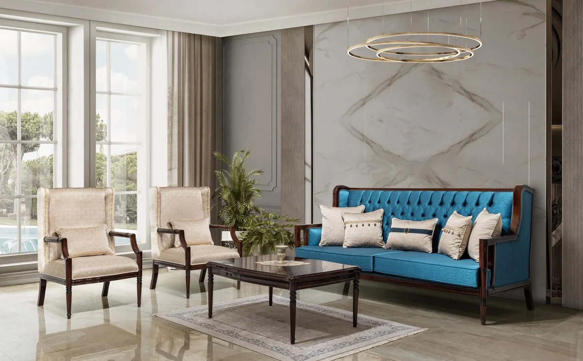 Luxus Barockstil Wohnzimmer Möbel Set Beige / Blau / Dunkelbraun