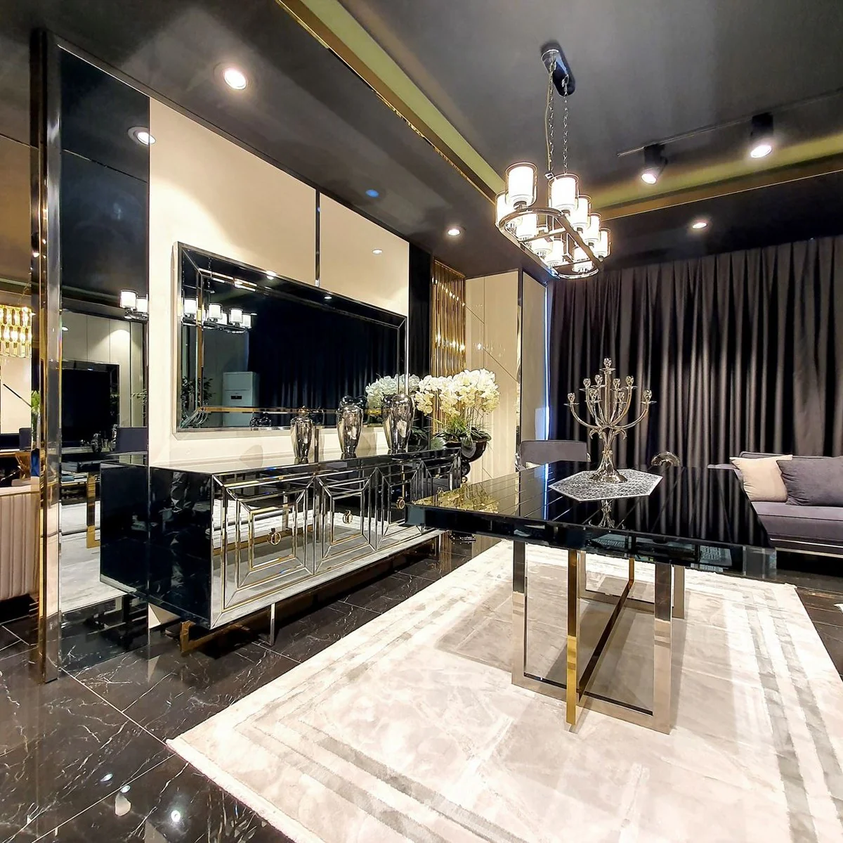 Luxus Esstisch Silber / Gold 200 x 100 x H. 77 cm - Verspiegelter Küchentisch - Verspiegelte Luxus Esszimmer Möbel