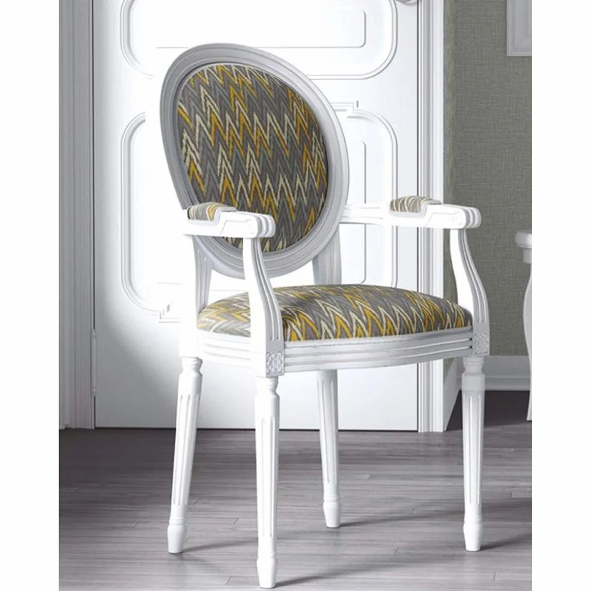 Luxus Barock Esszimmer Stuhl mit Armlehnen Grau / Gelb / Weiß