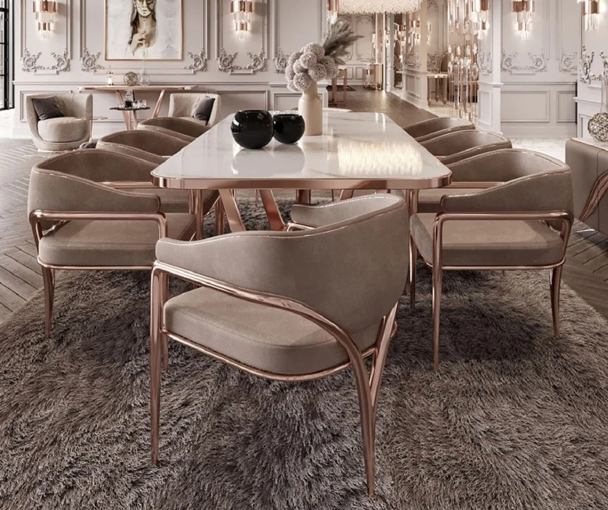 Luxus Esszimmer Stuhl Set mit Armlehnen Grau / Kupfer 60 x 59,8 x H. 80 cm - Küchen Stühle 8er Set - Esszimmer Möbel - Restaurant Möbel - Luxus Möbel - Luxus Einrichtung