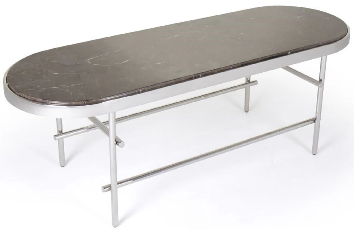 Luxus Couchtisch Dunkelbraun / Silber 130 x 45 x H. 45 cm - Ovaler Wohnzimmertisch mit Marmorplatte und Edelstahl Gestell - Luxus Wohnzimmer Möbel