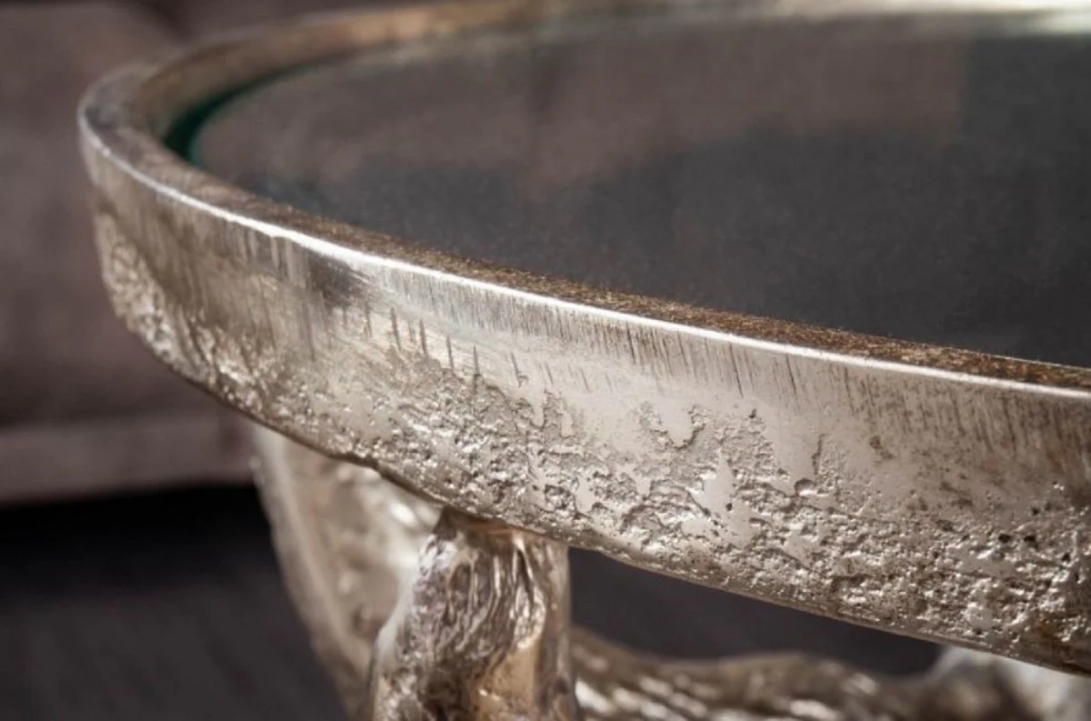 Designer Couchtisch Antik Bronze Ø 56 x H. 53 cm - Runder Wohnzimmertisch mit 3 dekorativen Stierköpfen und Glasplatte - Wohnzimmer Möbel