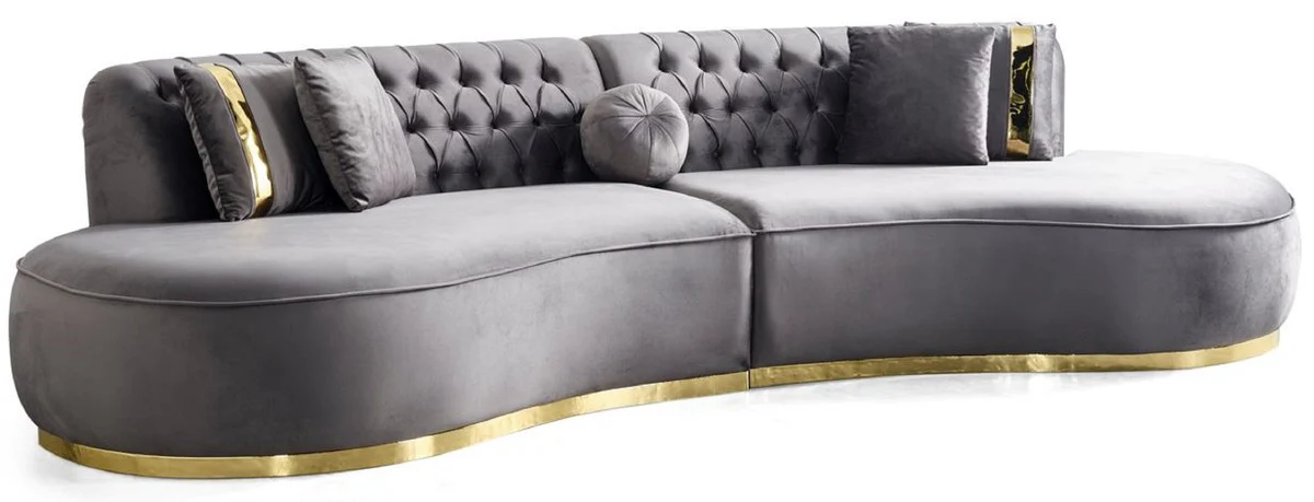 Luxus Samt 4er Sofa Grau / Gold 330 x 120 x H. 76 cm - Wohnzimmer Sofa mit edlem Samtstoff - Wohnzimmer Möbel - Luxus Möbel - Wohnzimmer Einrichtung - Luxus Einrichtung