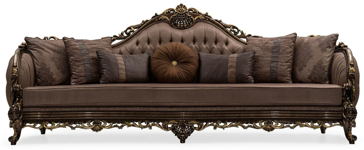 Luxus Barock Wohnzimmer Sofa Grau / Braun / Gold - Handgefertigtes Barockstil Sofa mit dekorativen Kissen - Luxus Wohnzimmer Möbel im Barockstil - Barock Möbel - Edel & Prunkvoll