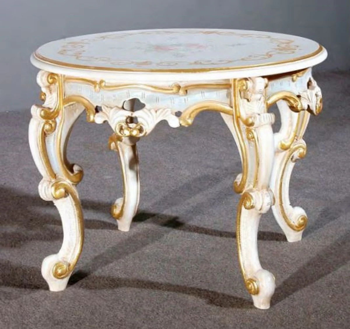 Luxus Barock Beistelltisch Weiß / Mehrfarbig / Gold Ø 60 x H. 48 cm - Prunkvoller Massivholz Tisch - Barock Wohnzimmer & Hotel Möbel - Luxus Qualität - Made in Italy