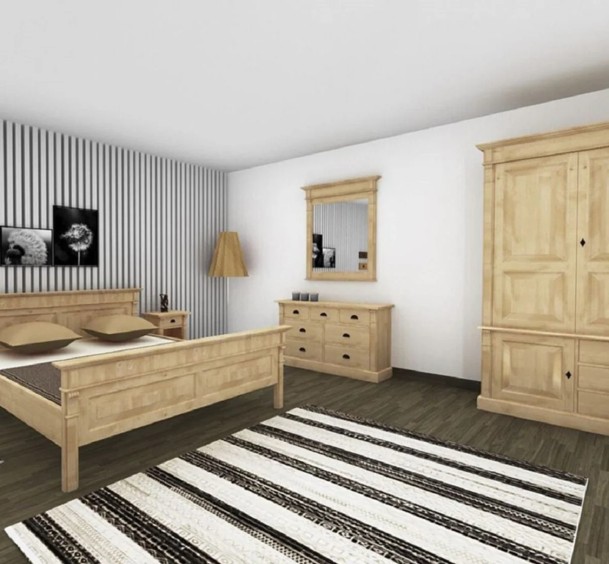 Landhausstil Schlafzimmerschrank Naturfarben 120 x 59 x H. 210 cm - Massivholz Kleiderschrank mit 3 Türen und 3 Schubladen - Massivholz Schlafzimmer Möbel im Landhausstil