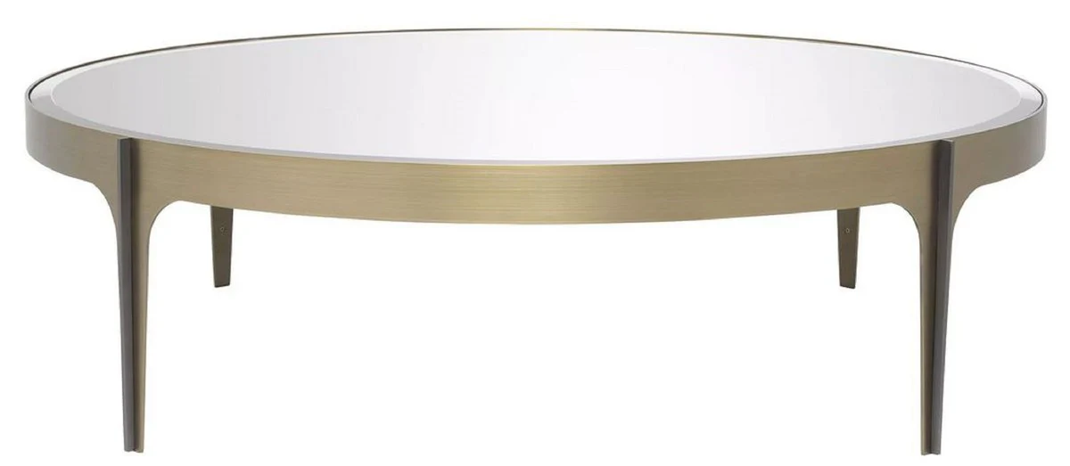 Luxus Couchtisch Messing / Bronze Ø 124 x H. 34,5 cm - Runder Edelstahl Wohnzimmertisch mit Spiegelglas Tischplatte - Luxus Wohnzimmer Möbel