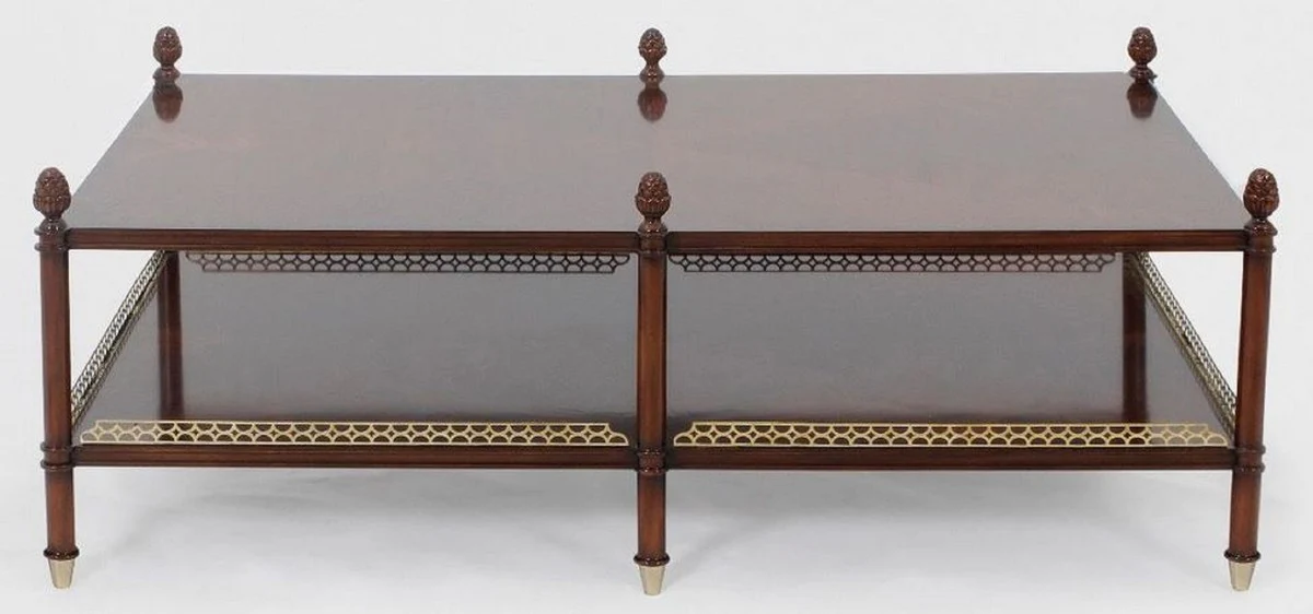 Luxus Jugendstil Couchtisch Braun / Gold / Messingfarben 129 x 81 x H. 48 cm - Edler Mahagoni Wohnzimmertisch - Wohnzimmer Möbel - Luxus Qualität