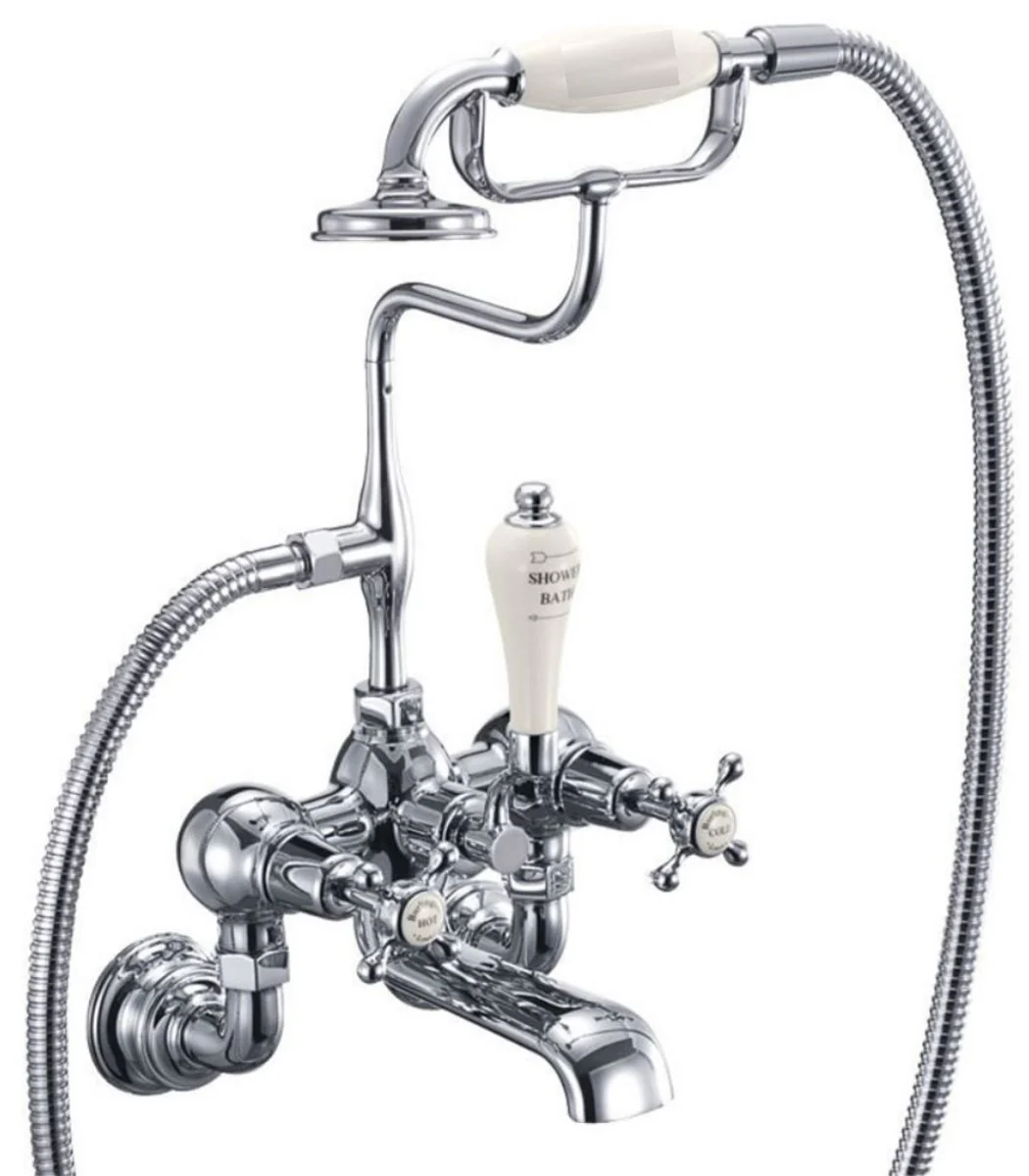 Luxus Jugendstil Aufputz Badewannenarmatur Silber / Cremefarben H. 46,95 cm - Nostalgische Messing Badewannen Armatur mit Handbrause - Nostalgisches Badezimmer Zubehör