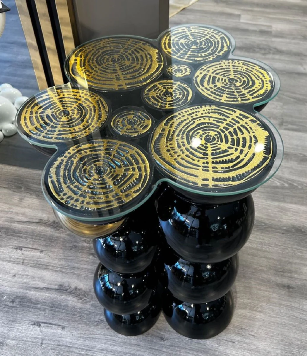 Luxus Designer Beistelltisch Schwarz / Gold 55 x 45 x H. 59 cm - Edelstahl Tisch mit Glasplatte - Wohnzimmer Möbel - Luxus Möbel - Hotel Möbel - Designer Möbel
