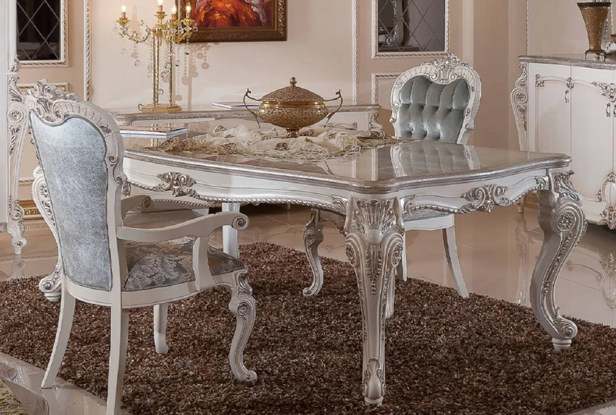 Luxus Barock Esszimmer Set Grün / Silber / Weiß