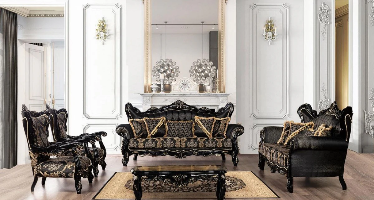 Luxus Barock Couchtisch Schwarz / Gold - Massivholz Wohnzimmertisch im Barockstil - Barock Wohnzimmer Möbel - Edel & Prunkvoll