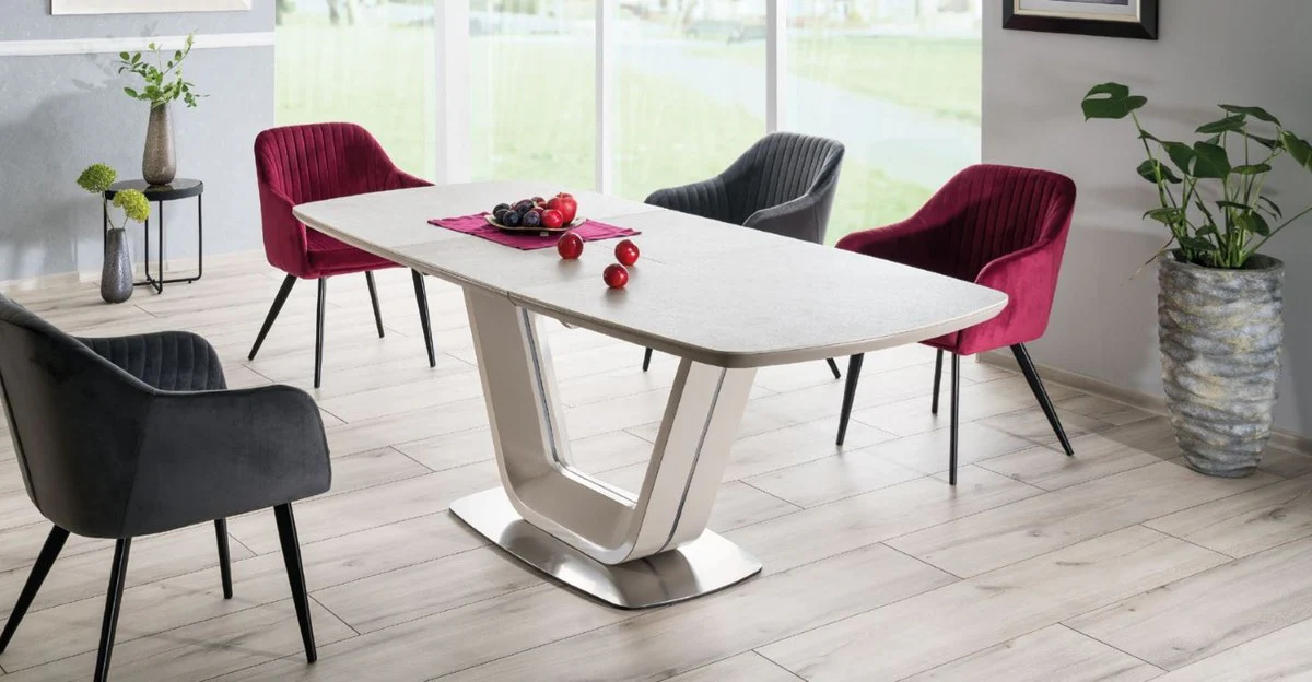 Luxus Keramik Esstisch Grau / Silber 160-220 x 90 x H. 76 cm - Ausziehbarer Küchentisch - Esszimmer Möbel