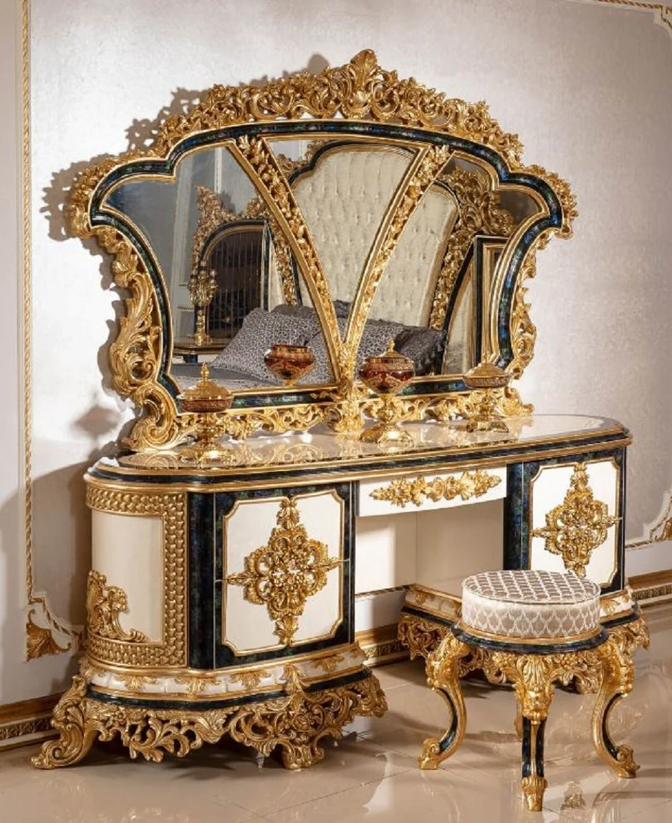 Luxus Barock Schlafzimmer Set Weiß / Blau / Gold - 1 Barock Schminkkommode mit 5 Schubladen & 1 Barock Spiegel & 1 Barock Hocker - Barock Schlafzimmer Möbel - Edel & Prunkvoll