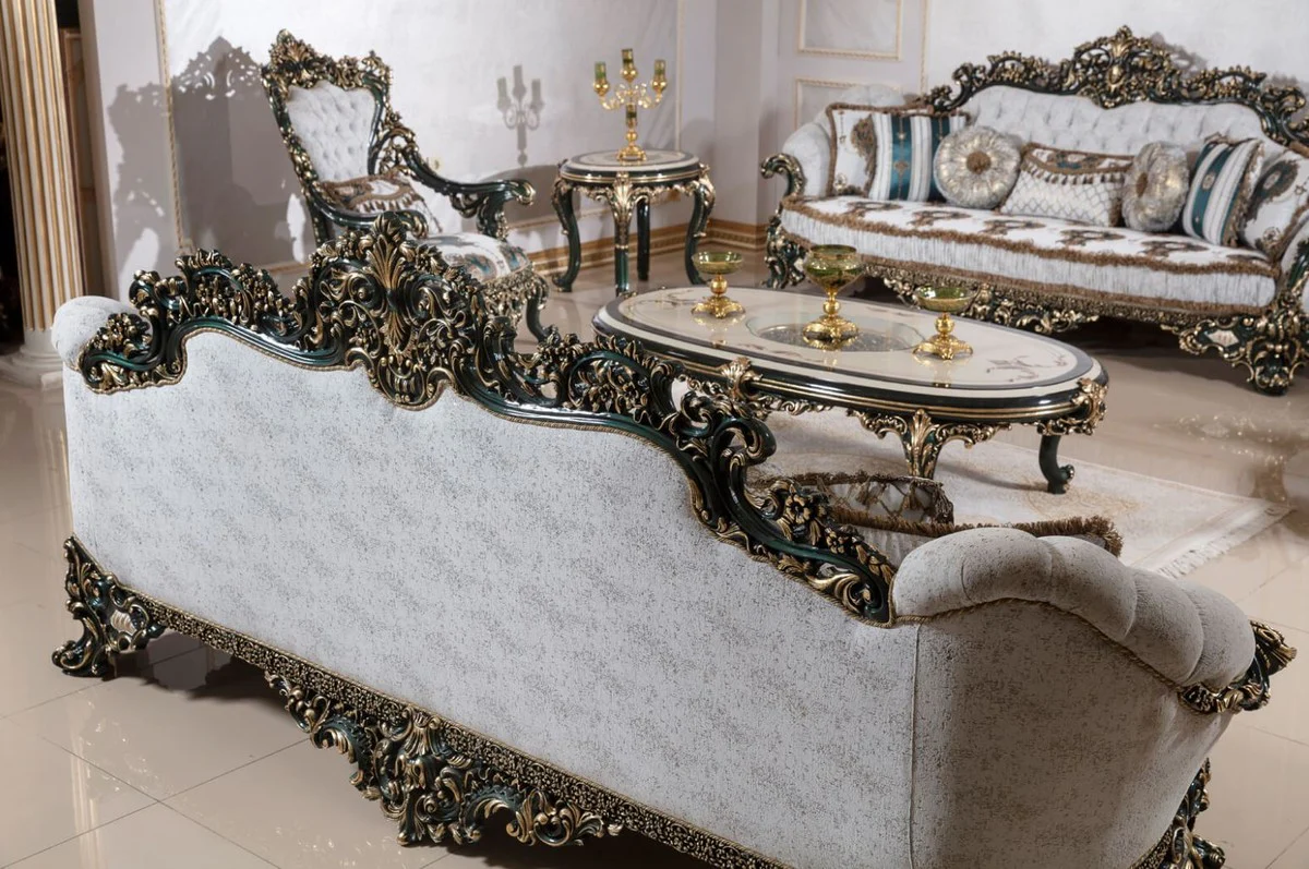 Luxus Barock Sofa Weiß / Mehrfarbig / Grün / Gold - Prunkvolles Wohnzimmer Sofa mit elegantem Muster - Barock Wohnzimmer & Hotel Möbel - Edel & Prunkvoll