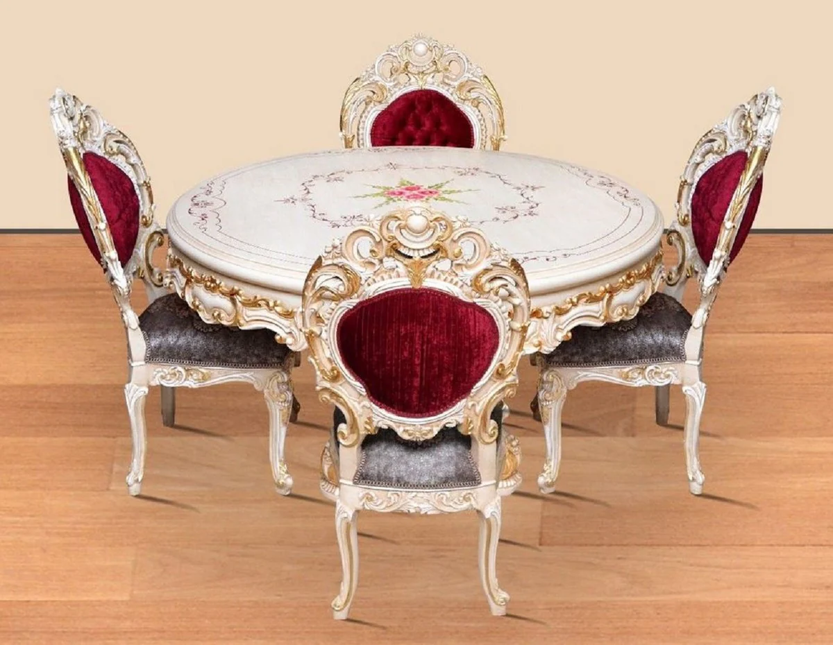Barock Esszimmer Set Bordeauxrot / Grau / Weiß / Gold - 1 runder Esstisch & 4 Esszimmerstühle - Prunkvolle Esszimmer Möbel im Barockstil