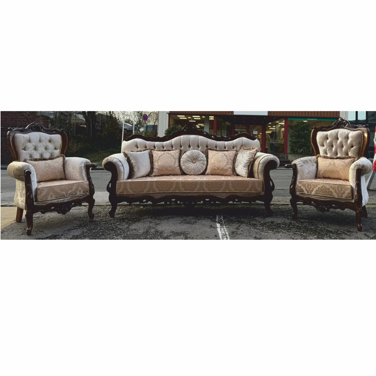 Luxus Barock Wohnzimmer Set Silber / Dunkelbraun - Barockstil Möbel