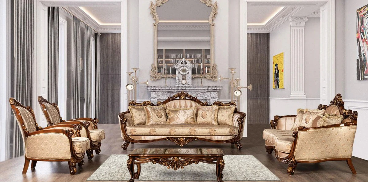 Luxus Barock Wohnzimmer Set Beige / Braun / Gold - 2 Barock Sofas & 2 Barock Sessel & 1 Barock Couchtisch - Barock Wohnzimmer Möbel