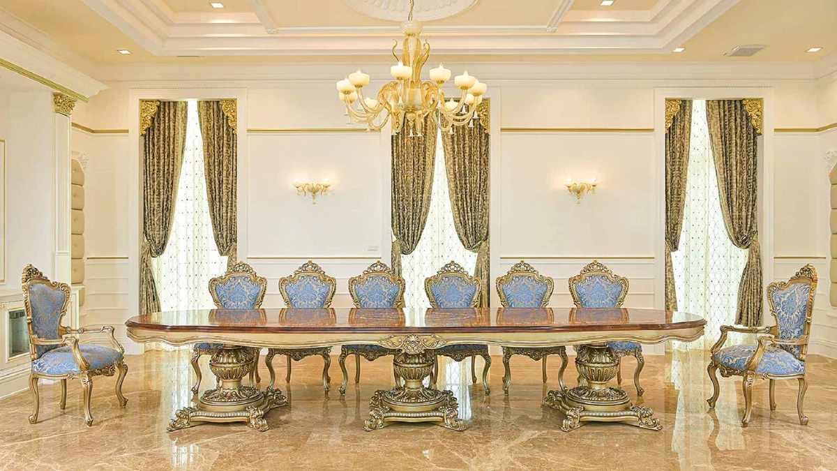 Luxus Barock Esstisch Braun Intarsien / Gold 420 cm - Barock Möbel - Made in Italy
