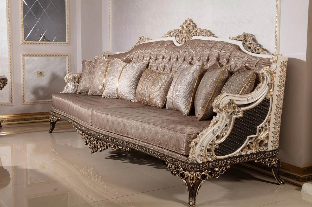 Luxus Barock Sofa Grau / Weiß / Dunkelbraun / Gold 255 cm
