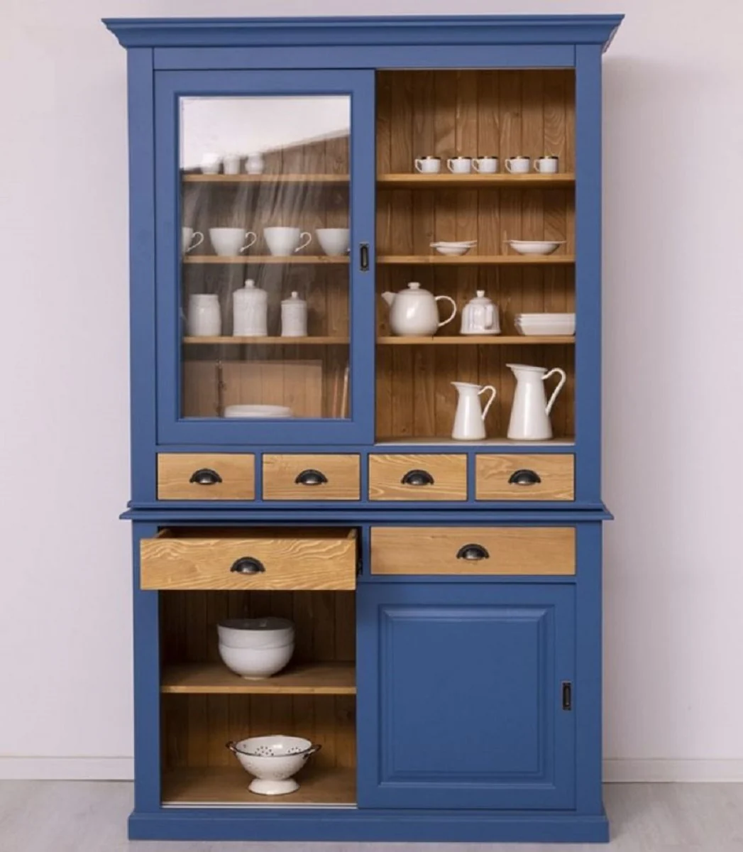 Landhausstil Esszimmerschrank Blau / Naturfarben 142 x 48 x H. 225 cm - Massivholz Küchenschrank - Landhausstil Esszimmer Möbel