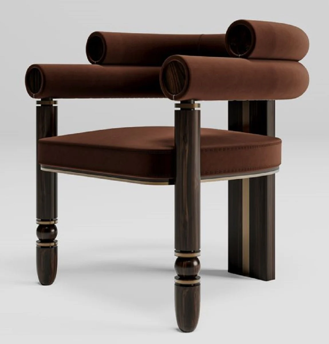 Luxus Samt Esszimmer Stuhl mit Armlehnen Braun / Dunkelbraun / Messing 69 x 63 x H. 72 cm - Küchen Stuhl mit edlem Samtstoff - Esszimmer Möbel - Luxus Möbel