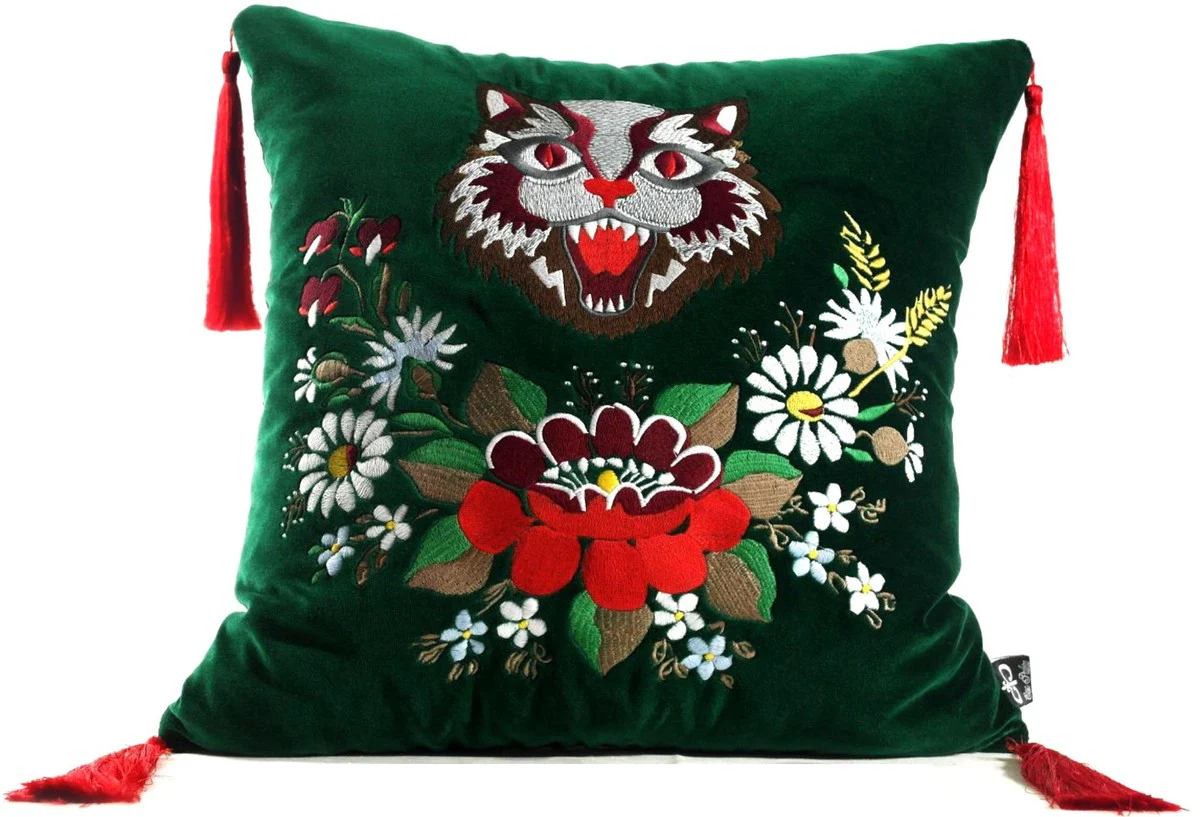 Luxus Deko Kissen mit Troddeln Cat Grün / Mehrfarbig 45 x 45 cm - Feinster Samtstoff - Wohnzimmer Kissen