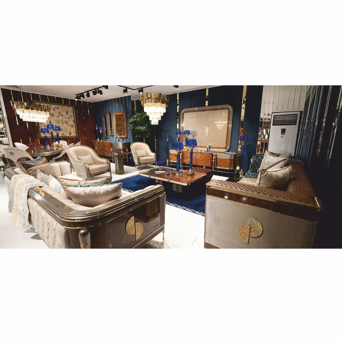 Luxus Sofa Weiß / Braun / Grau / Gold 285 cm - Wohnzimmer & Hotel Möbel