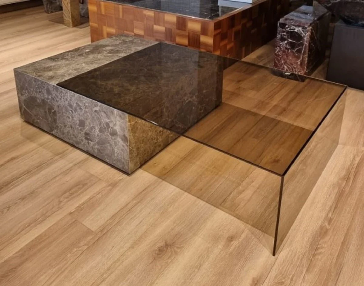 Luxus Marmor Couchtisch mit Glasplatte Grau 150 cm