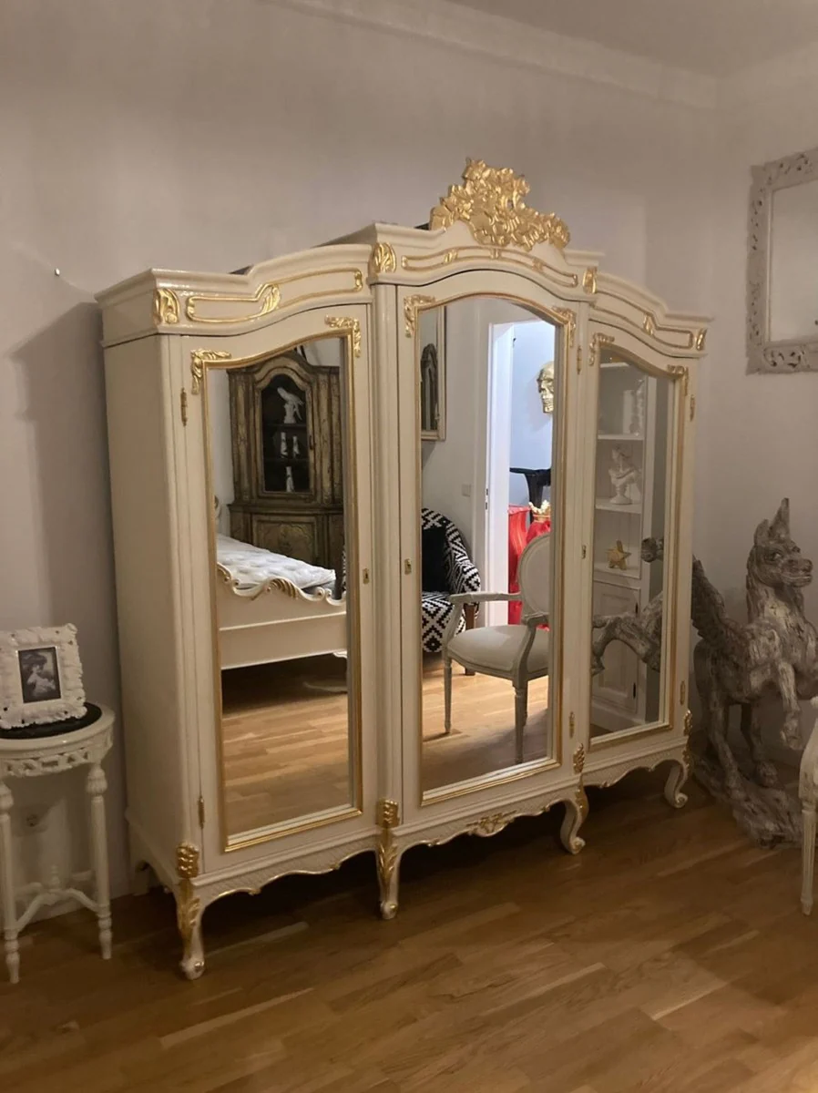 Barock Schlafzimmerschrank mit 3 verspiegelten Türen Creme / Gold - Verspiegelter Massivholz Kleiderschrank - Schlafzimmer Möbel im Barockstil - Barock Möbel - Edel & Prunkvoll