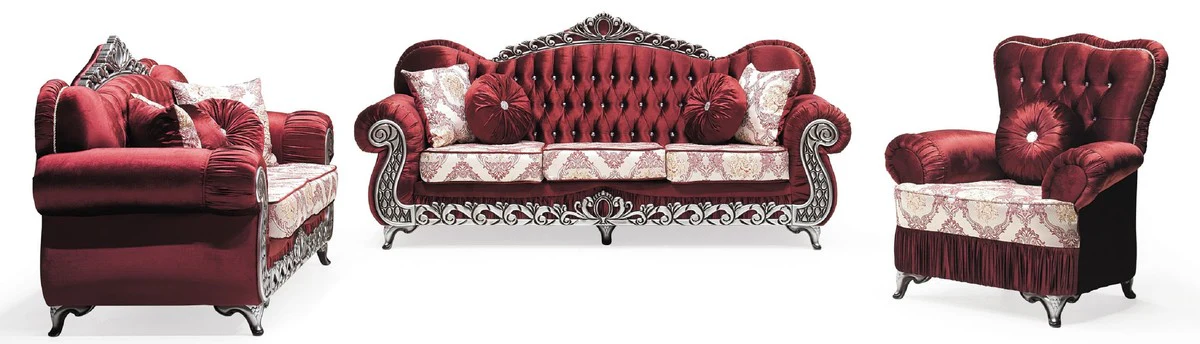 Luxus Barock Sofa Bordeauxrot / Creme / Silber - Prunkvolles Wohnzimmer Sofa mit elegantem Muster und Glitzersteinen - Wohnzimmer Möbel im Barockstil - Barock Möbel - Edel & Prunkvoll
