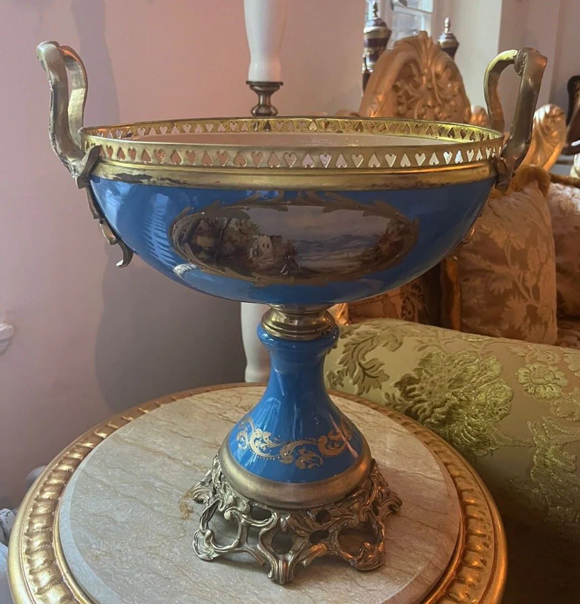 Jugendstil Porzellan Schüssel Blau / Bunt / Messing H. 40 cm