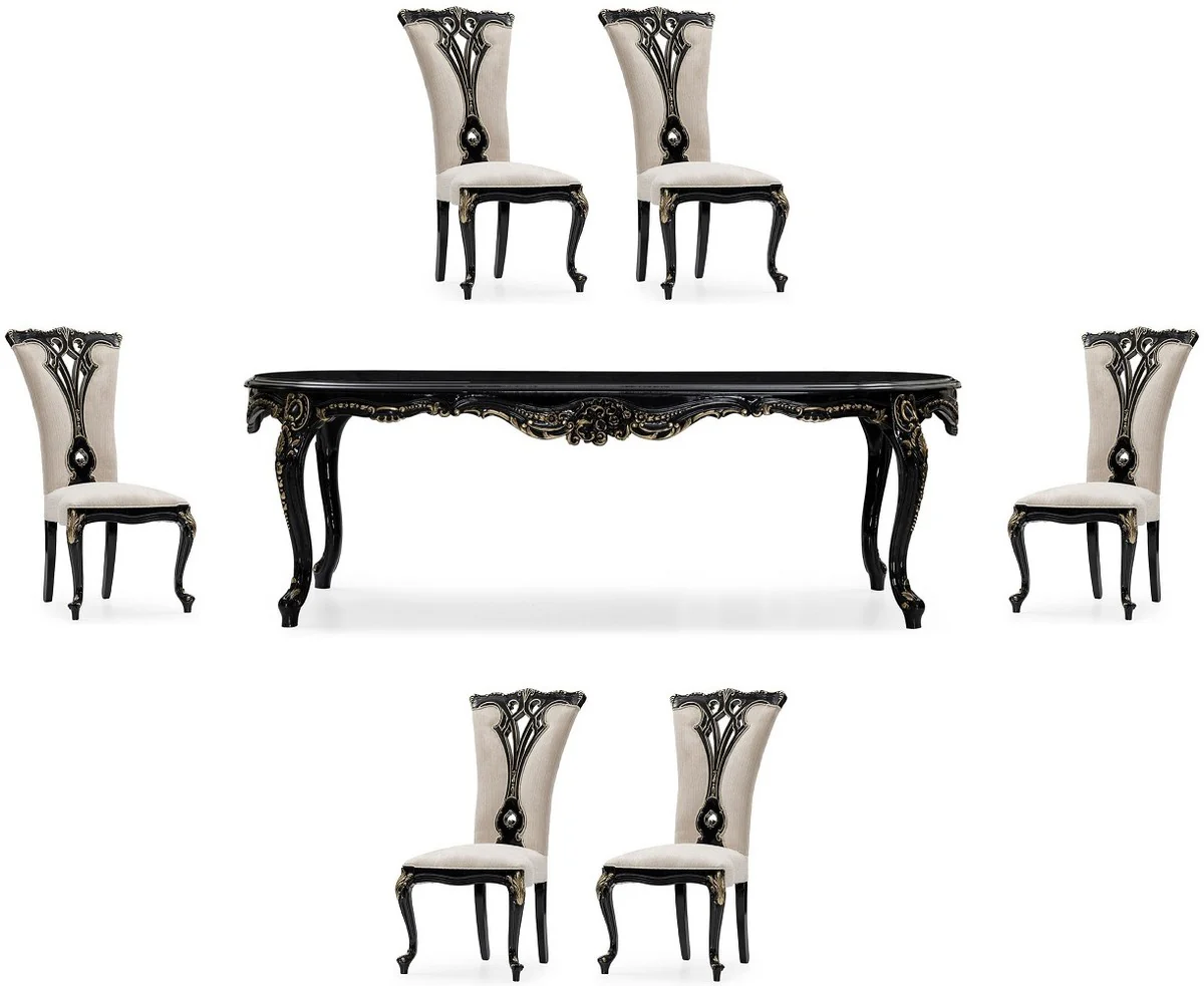 Luxus Barock Esszimmer Set Creme / Schwarz / Gold - 1 Barock Esstisch & 6 Barock Esszimmerstühle - Luxus Esszimmer Möbel im Barockstil - Prunkvolle Barock Esszimmer Möbel