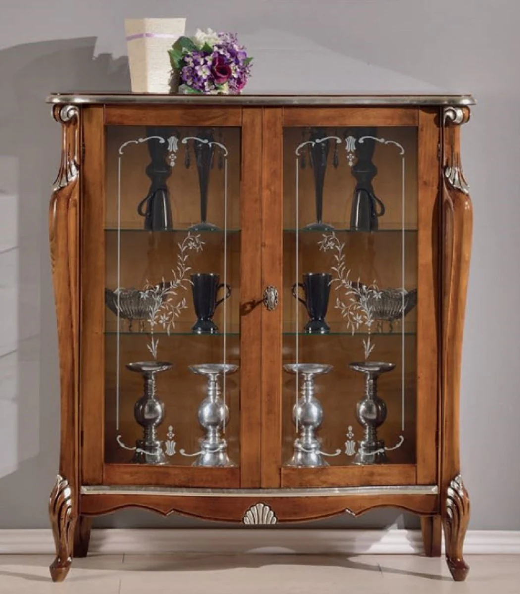 Luxus Barock Vitrine Braun / Silber - Handgefertigter italienischer Barockstil Vitrinenschrank - Italienische Barock Möbel - Barockstil Möbel - Luxus Qualität - Made in Italy