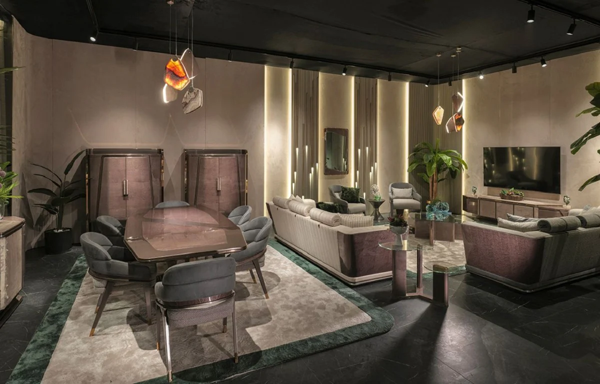 Luxus Esstisch Grau / Gold 252 x 112 x H. 79 cm - Massivholz Esszimmertisch - Esszimmer Möbel - Luxus Möbel - Luxus Einrichtung