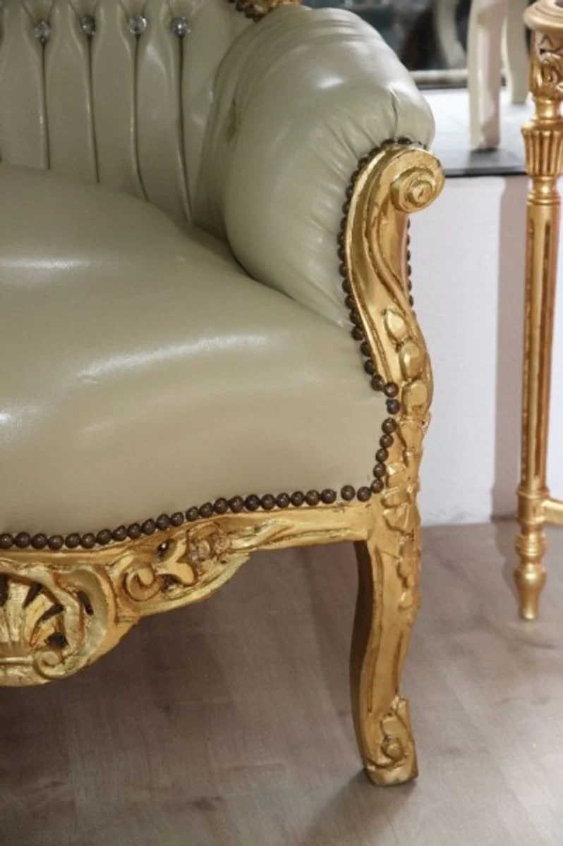 Barock Sofa Garnitur Master Creme Lederoptik / Gold mit Bling Bling Steinen