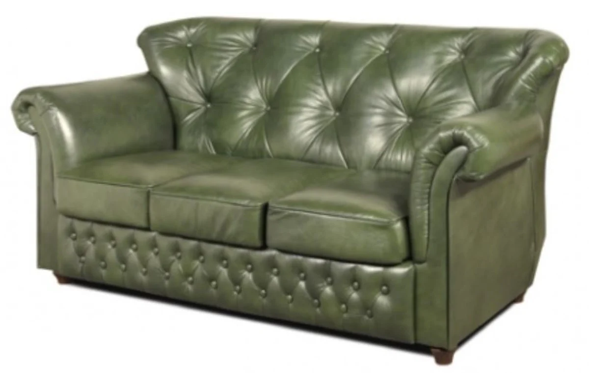 Chesterfield Echtleder 3er Sofa in grün mit dunkelbraunen Füßen 200 x 80 x H. 85 cm - Luxus Qualität