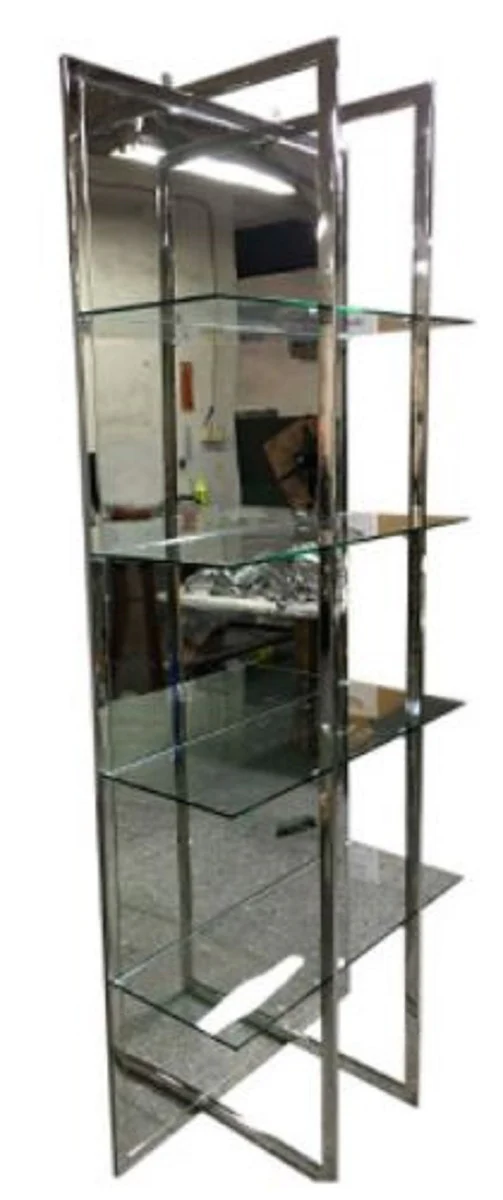 Luxus Regalschrank Silber 80 x 35 x H. 200 cm - Edelstahl Schrank mit 4 Glasregalen und großem Spiegel - Wohnzimmerschrank - Wohnzimmermöbel
