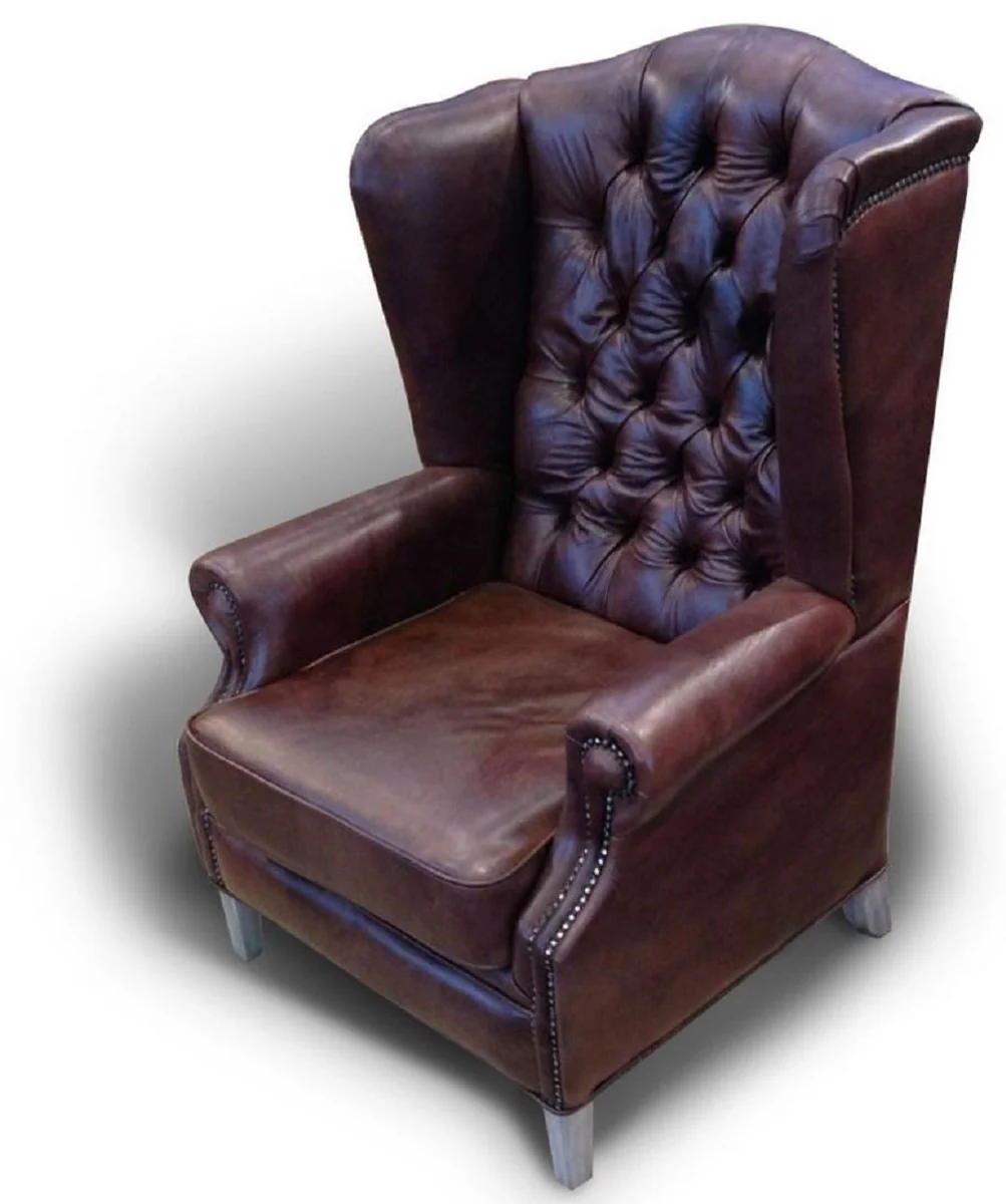 Luxus Chesterfield Leder Ohrensessel Braun / Grau - Chesterfield Echtleder Wohnzimmer Sessel - Wohnzimmer Möbel - Chesterfield Möbel - Echtleder Möbel - Luxus Möbel