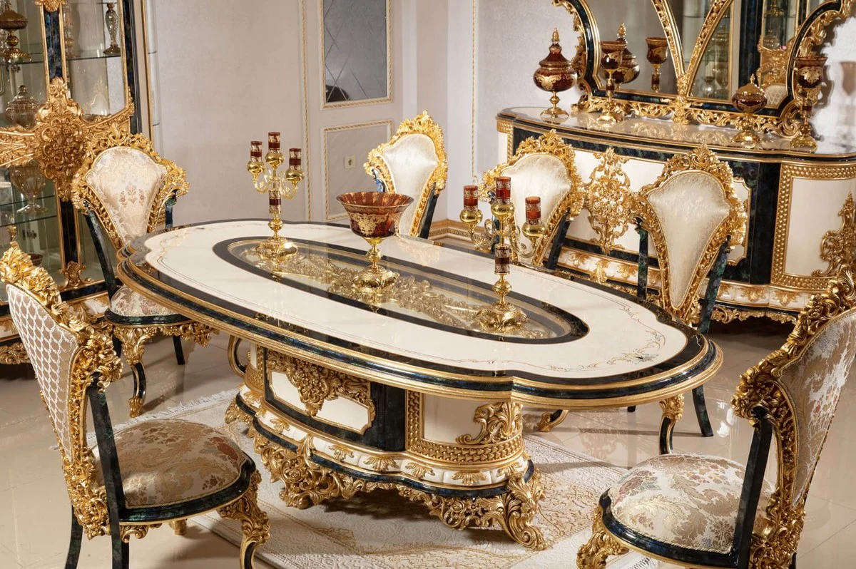 Luxus Barock Esszimmerstuhl Set Mehrfarbig / Blau / Gold - Handgefertigtes Küchen Stühle 6er Set mit elegantem Muster - Barock Esszimmer Möbel - Edel & Prunkvoll