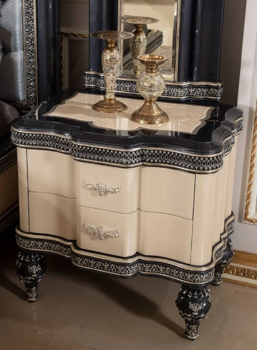 Luxus Barock Nachtkommode Beige / Schwarz / Gold - Prunkvoller Barockstil Nachttisch mit 2 Schubladen - Luxus Schlafzimmer Möbel im Barockstil - Barock Möbel - Barock Interior