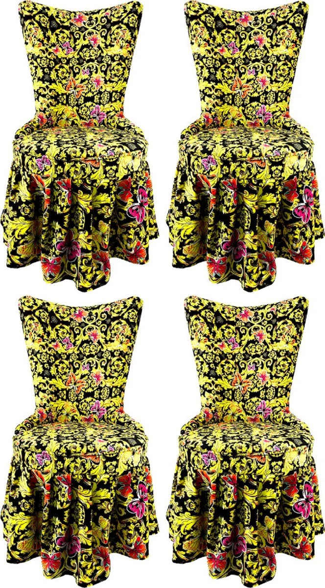 Pompöös by Luxus Barock Schloss Esszimmerstühle Butterflies & Flowers Mehrfarbig / Schwarz / Gold - Pompööse Barock Stühle designed by Harald Glööckler - 4 Esszimmerstühle - Barock Möbel