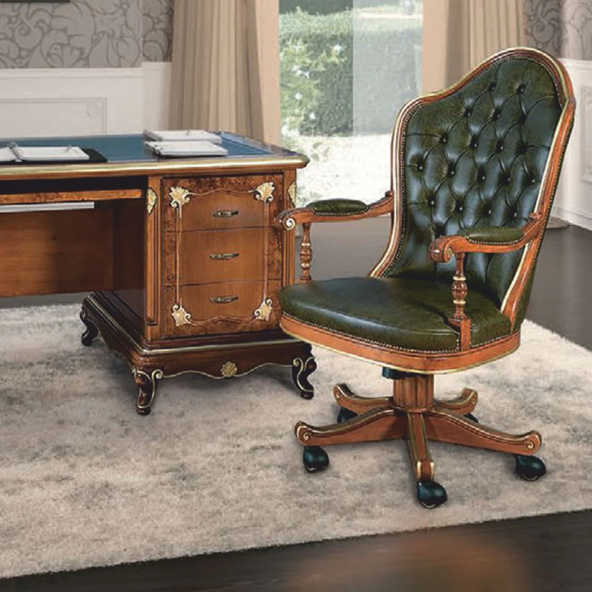 Luxus Barock Chesterfield Leder Schreibtischstuhl Grün / Braun / Gold - Made in Italy