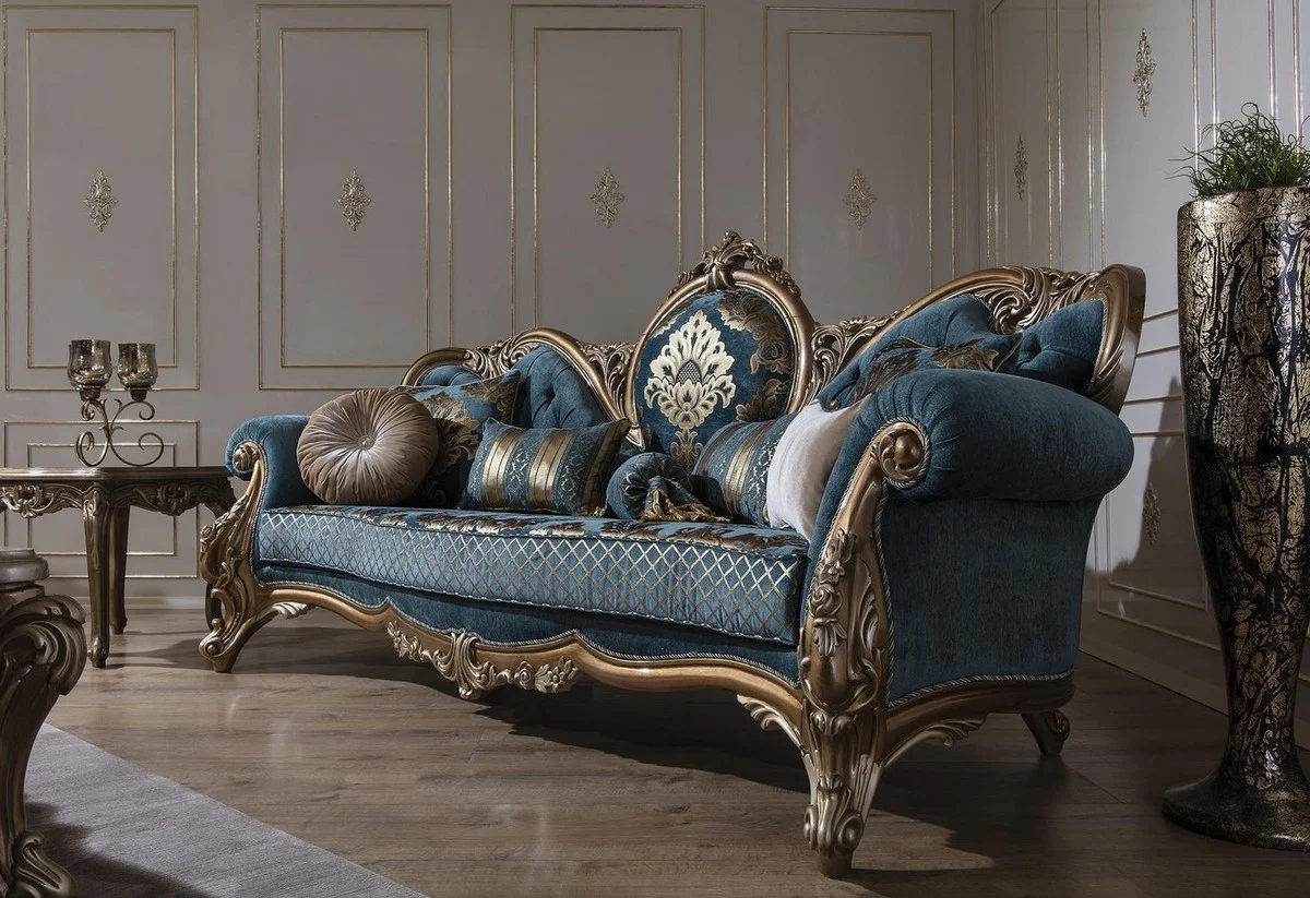 Luxus Barock Wohnzimmer Set Blau / Gold - 2 Sofas & 2 Sessel & 1 Couchtisch - Prunkvolle Wohnzimmer Möbel im Barockstil