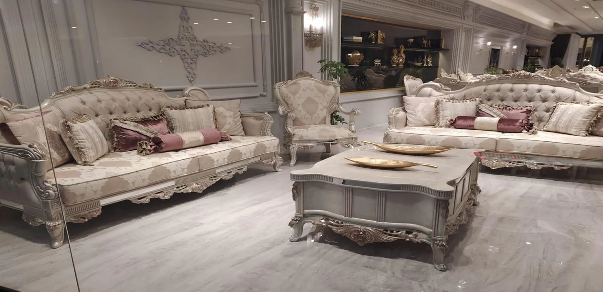 Luxus Barock Wohnzimmer Set Beige / Grau / Kupfer - 2 Barock Sofas mit Muster & 2 Barock Sessel mit Muster & 1 Barock Couchtisch - Barock Wohnzimmer Möbel