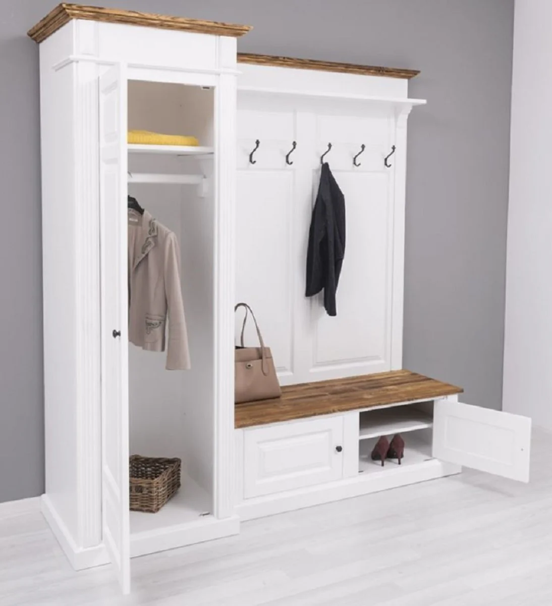 Landhausstil Garderobenschrank Weiß / Braun 205 x 65 x H. 210 cm - Massivholz Garderobe - Flur Schrank - Flurmöbel - Garderoben Möbel - Massivholz Möbel - Landhausstil Möbel