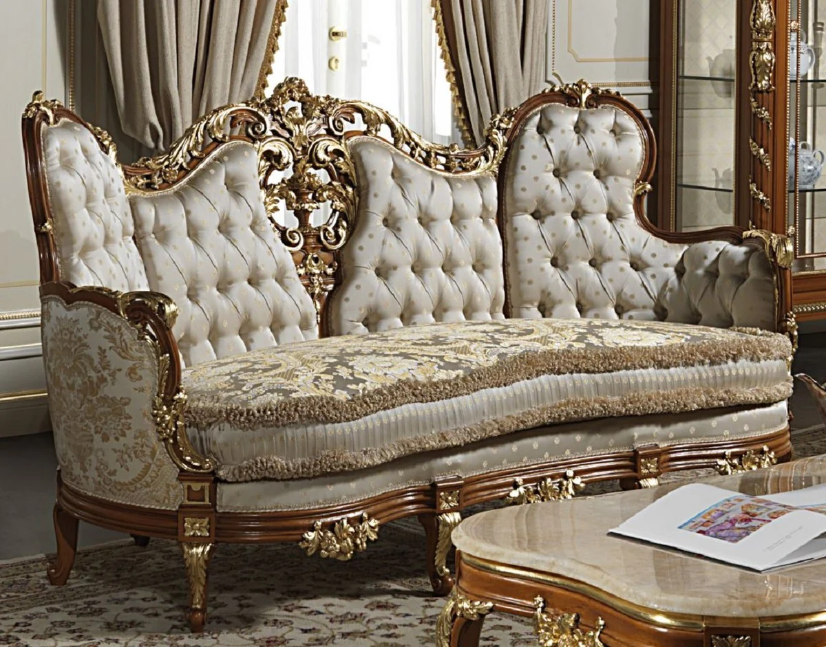 Luxus Barock Sofa Creme / Silber / Braun / Gold - Edles handgefertigtes Wohnzimmer Sofa mit elegantem Muster - Hotel Möbel - Schloss Möbel - Luxus Qualität - Made in Italy